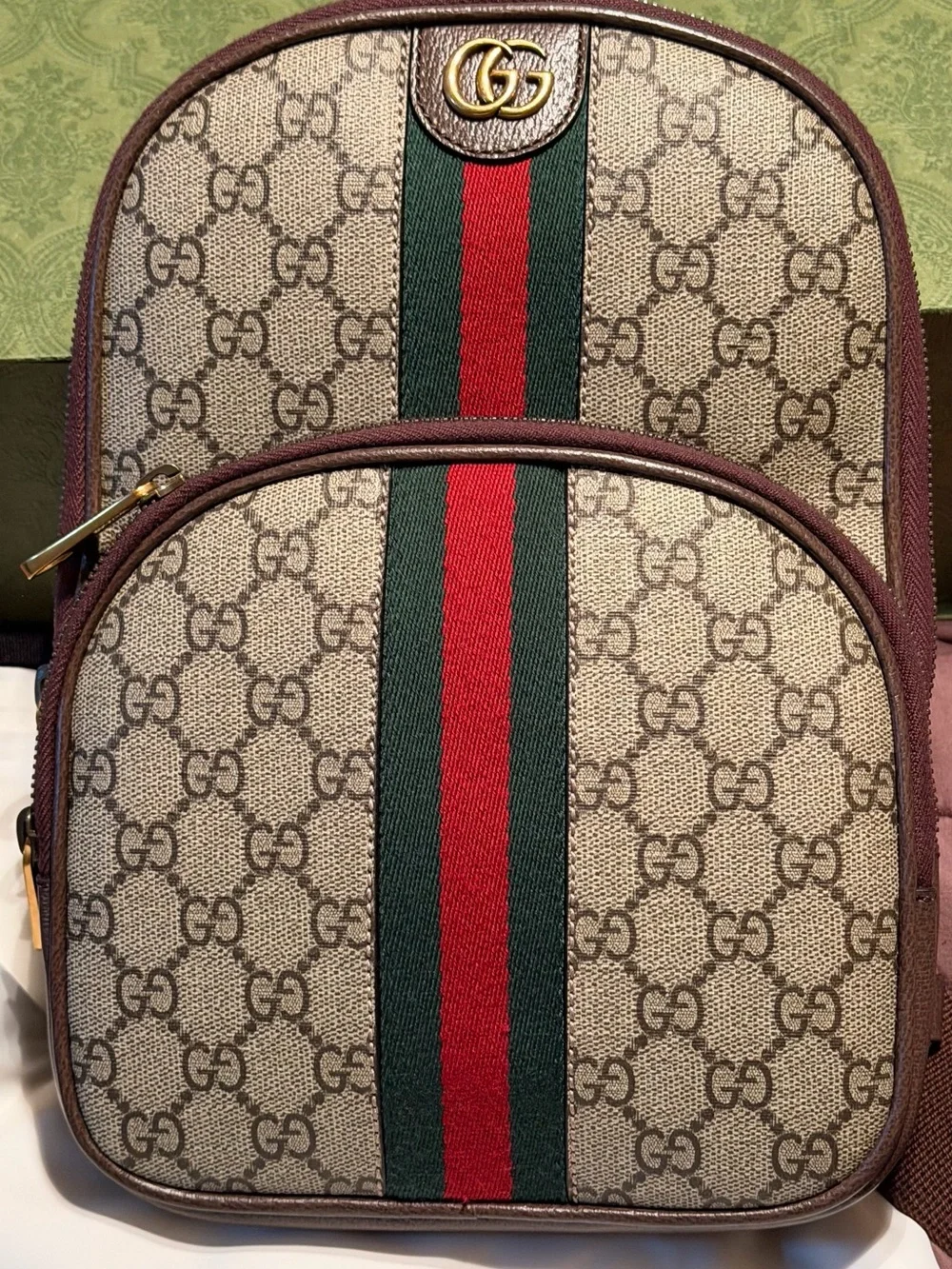 Gucci Ophidia GG Beige Crossbody Belt Bag with Green & Red Stripe